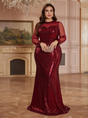 Burgundy Sheer Mesh Long Sleeve Heart Neck Mermaid Evening Gown