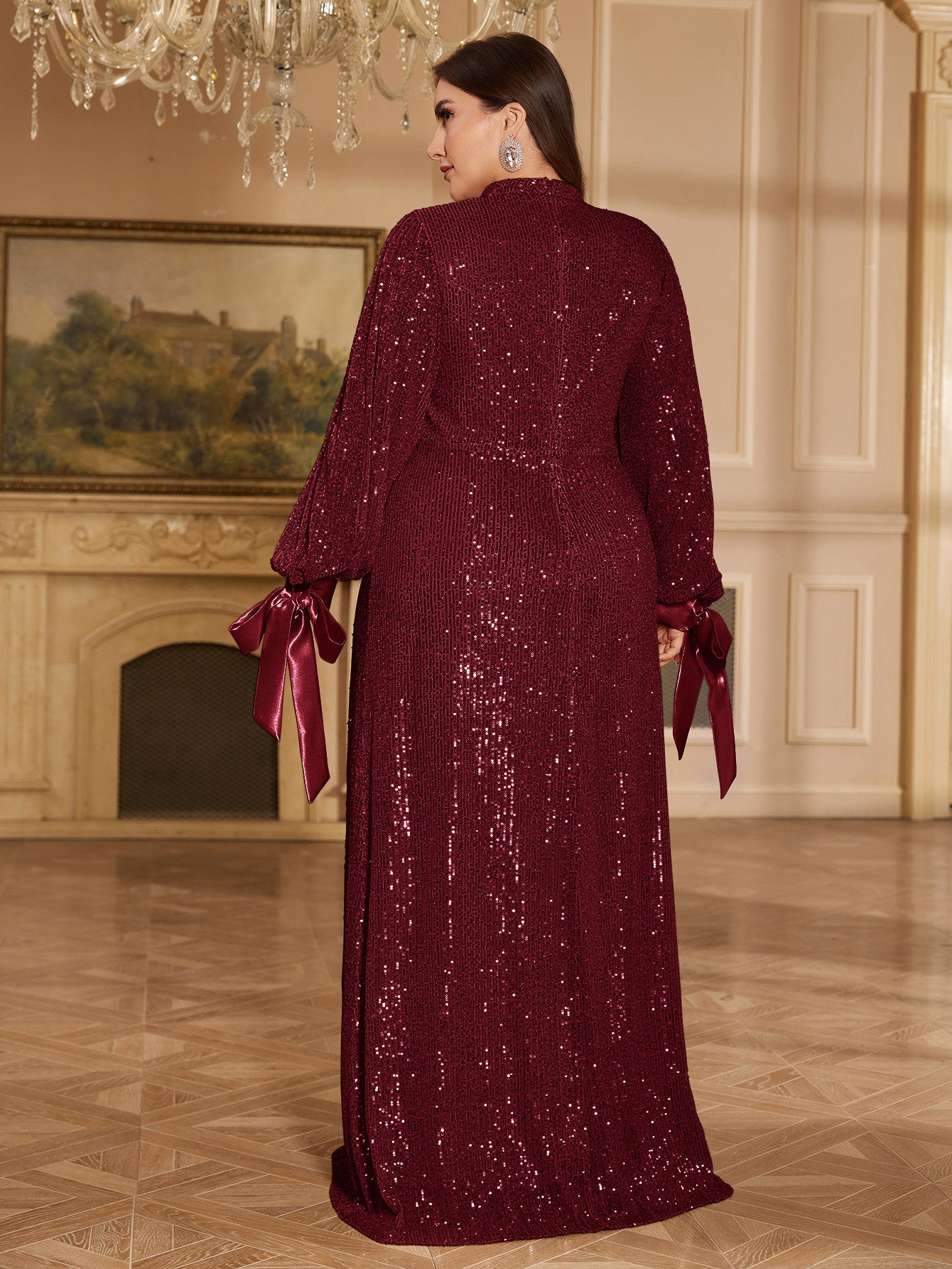 Champagne Bronze Floral Sequin Asymmetric Sleeve Mermaid Evening Gown
