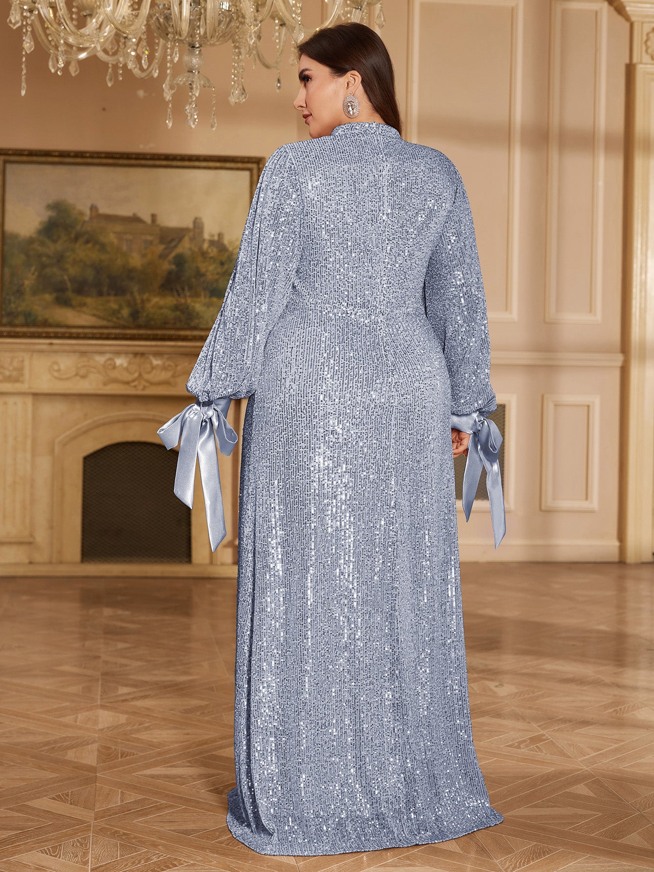 Champagne Bronze Floral Sequin Asymmetric Sleeve Mermaid Evening Gown