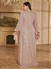 Champagne Sequin Bow Lantern Sleeve High Neck Maxi Evening Dress