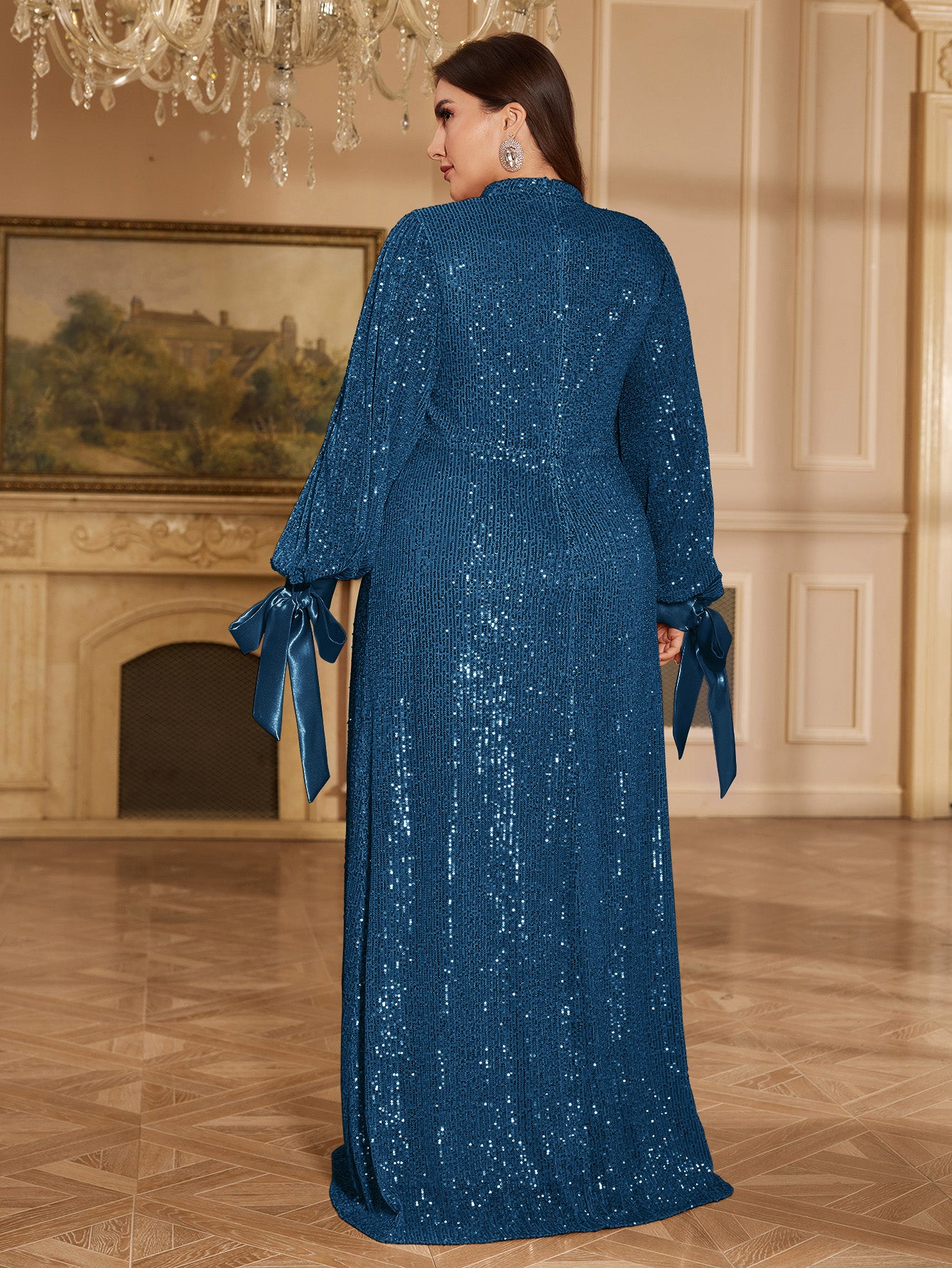 Champagne Bronze Floral Sequin Asymmetric Sleeve Mermaid Evening Gown