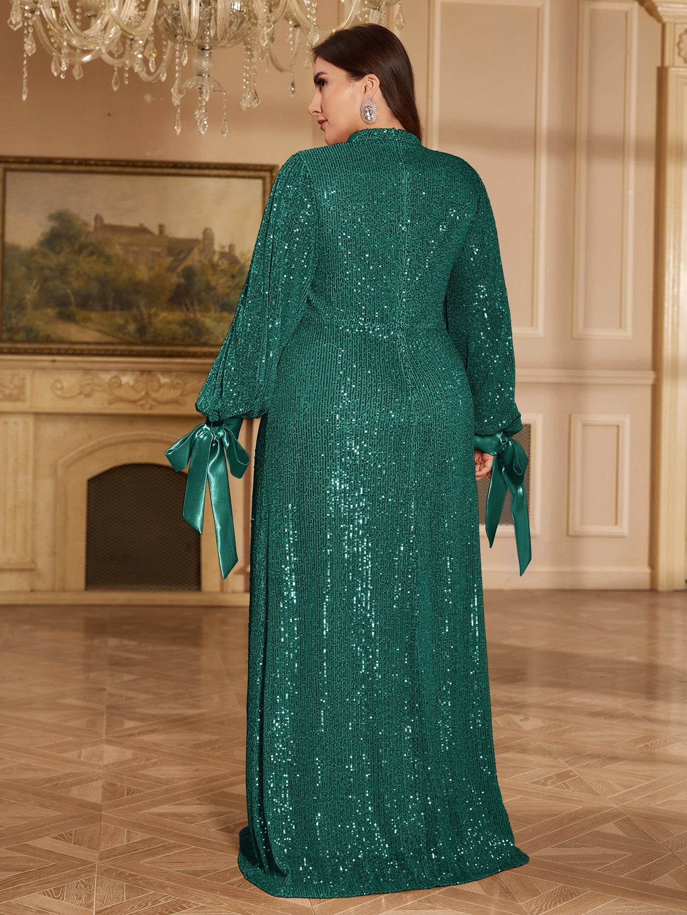 Champagne Bronze Floral Sequin Asymmetric Sleeve Mermaid Evening Gown