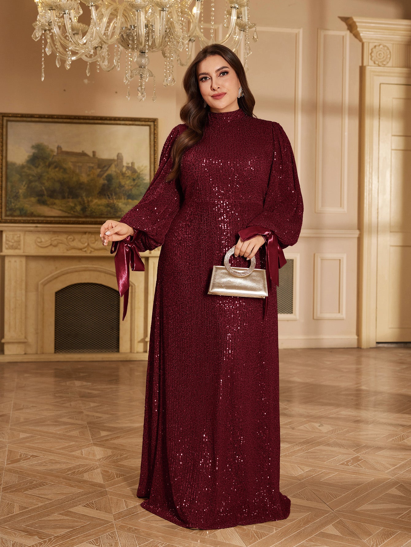 Champagne Bronze Floral Sequin Asymmetric Sleeve Mermaid Evening Gown