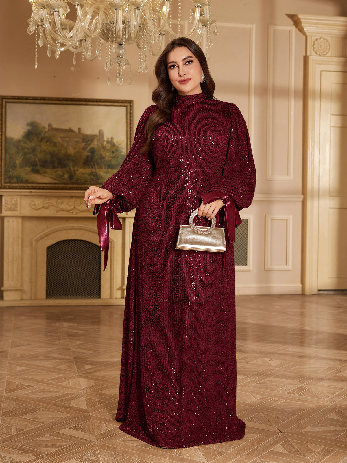 Champagne Bronze Floral Sequin Asymmetric Sleeve Mermaid Evening Gown