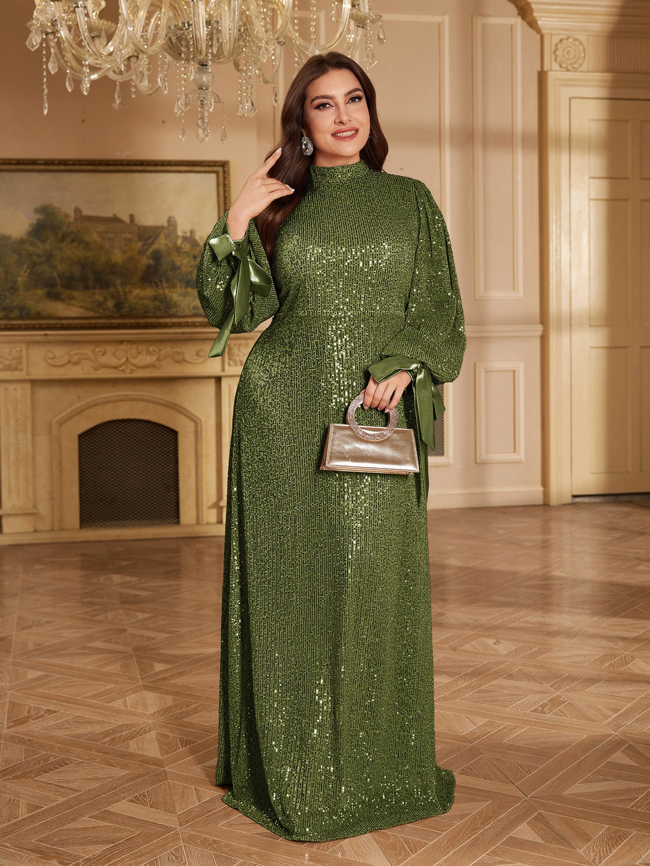 Champagne Bronze Floral Sequin Asymmetric Sleeve Mermaid Evening Gown