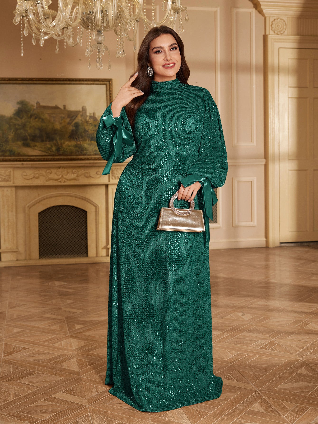 Champagne Bronze Floral Sequin Asymmetric Sleeve Mermaid Evening Gown