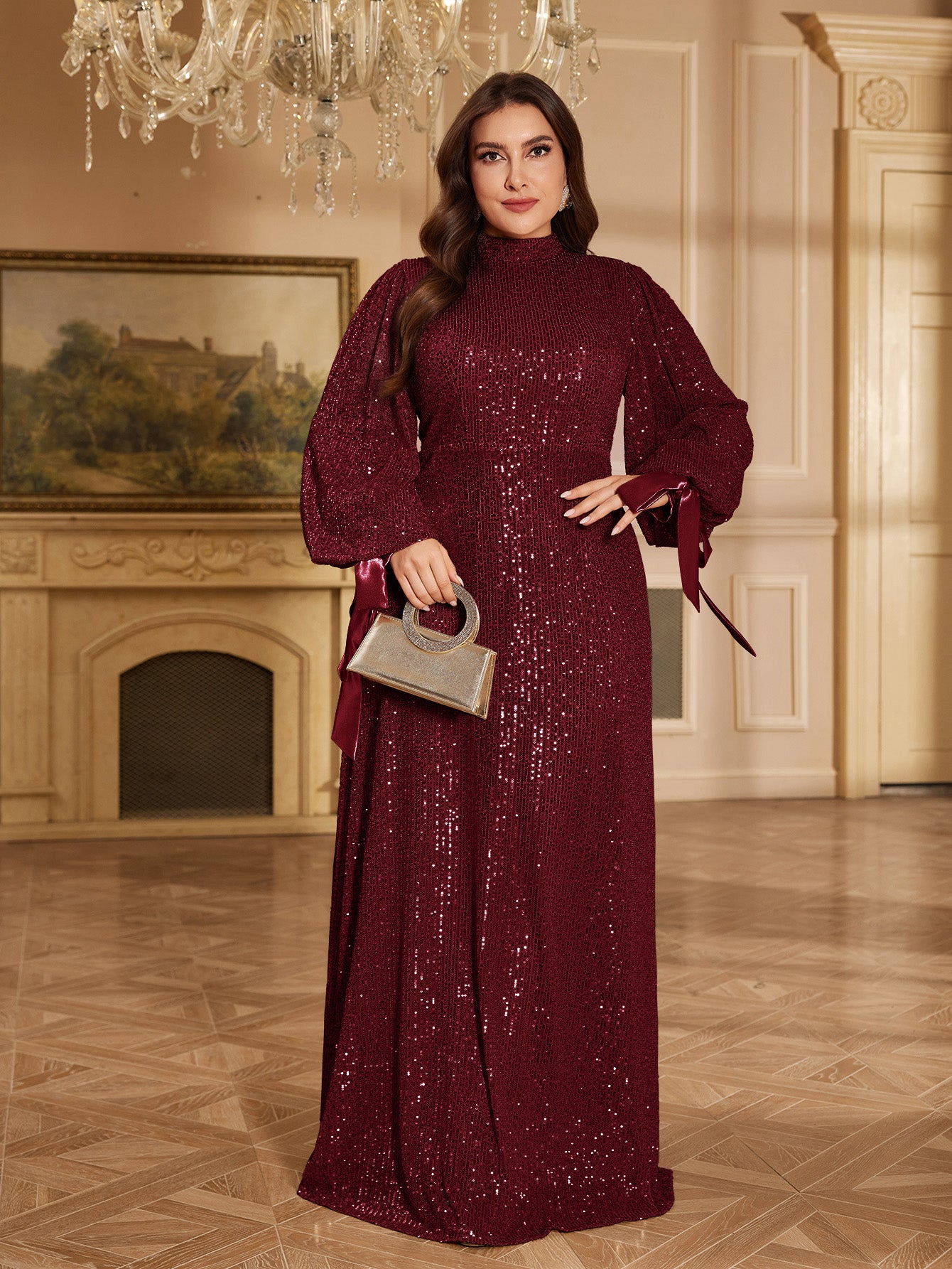 Champagne Bronze Floral Sequin Asymmetric Sleeve Mermaid Evening Gown