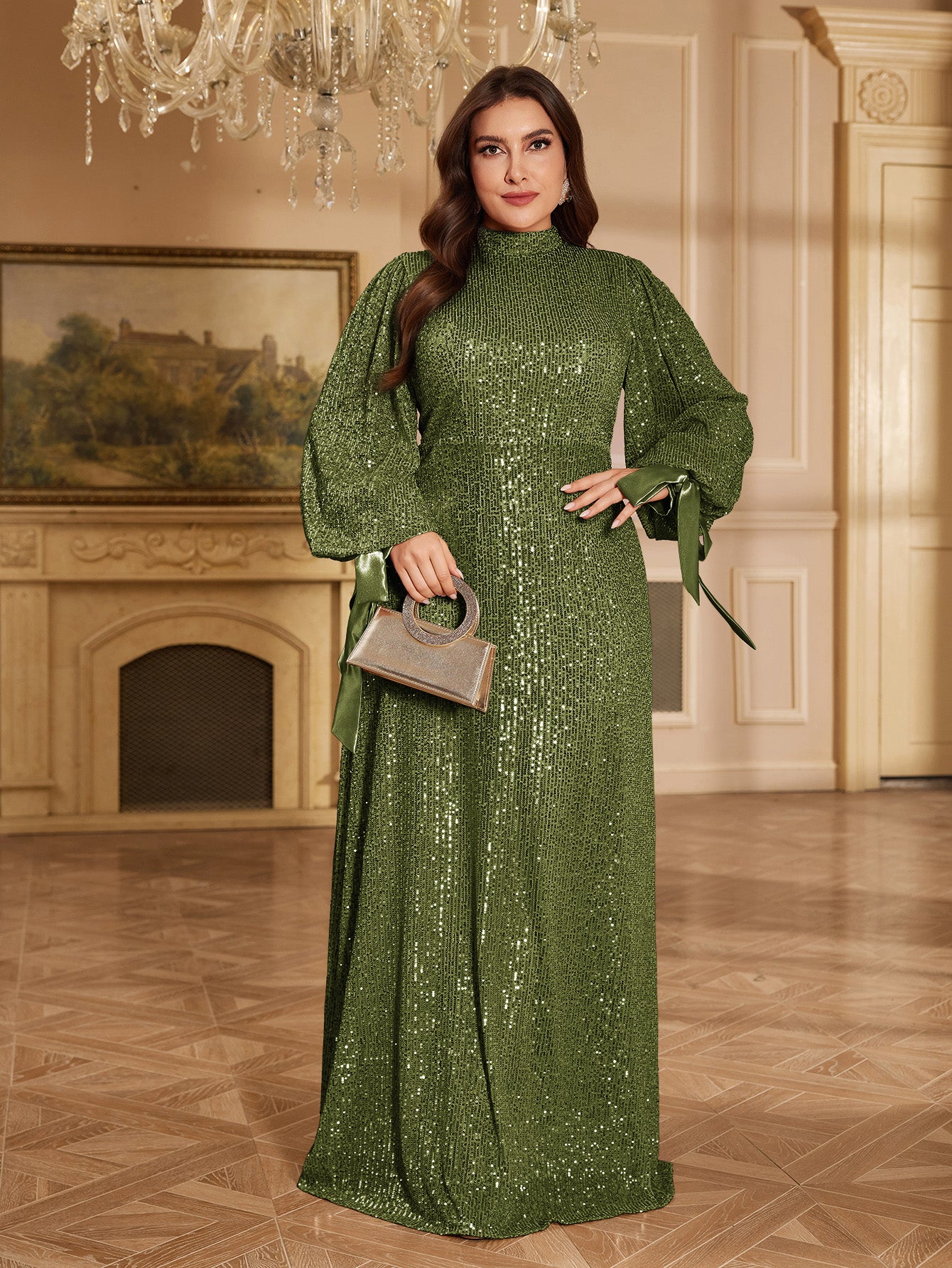 Champagne Bronze Floral Sequin Asymmetric Sleeve Mermaid Evening Gown