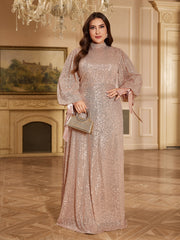 Champagne Bronze Floral Sequin Asymmetric Sleeve Mermaid Evening Gown