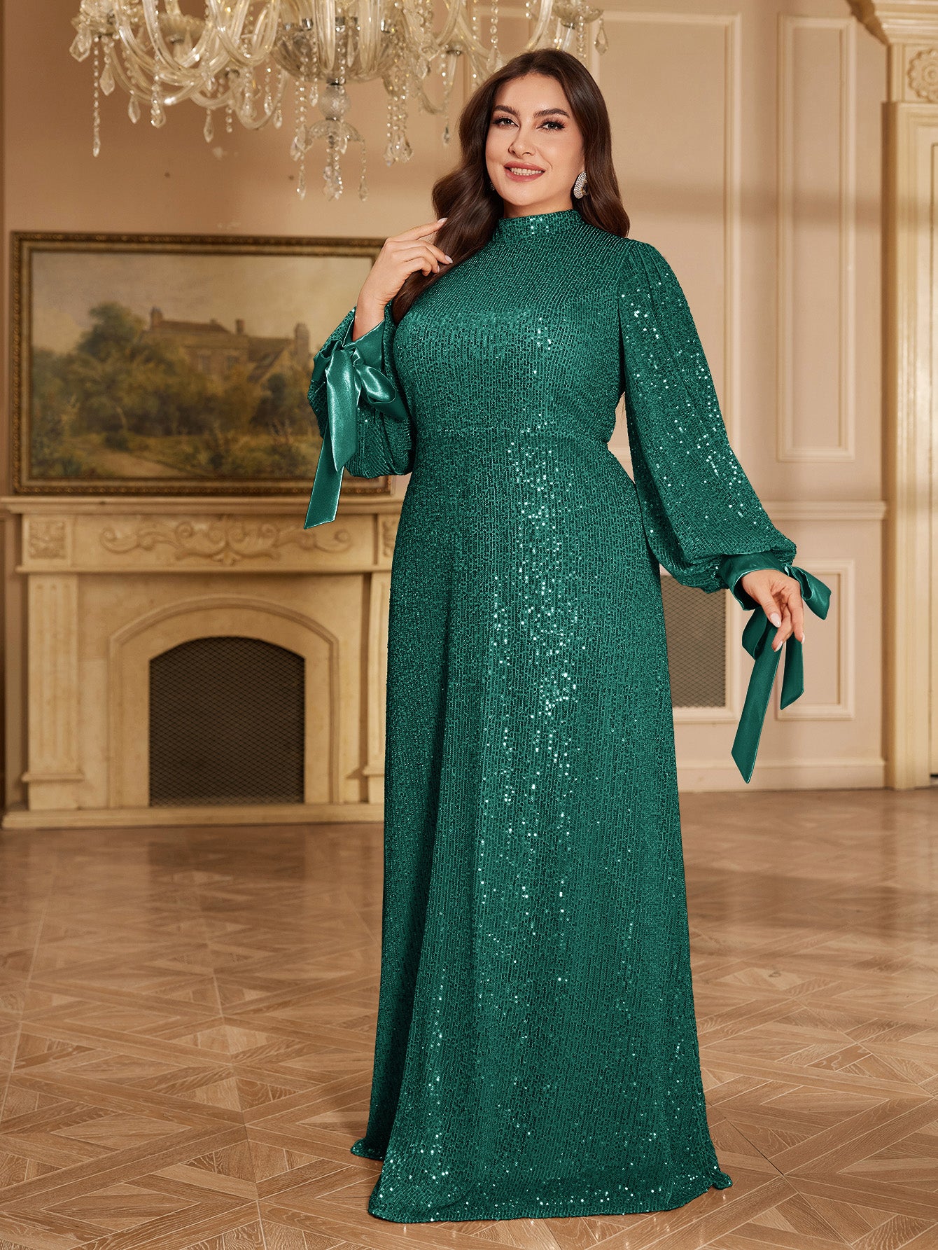 Champagne Bronze Floral Sequin Asymmetric Sleeve Mermaid Evening Gown