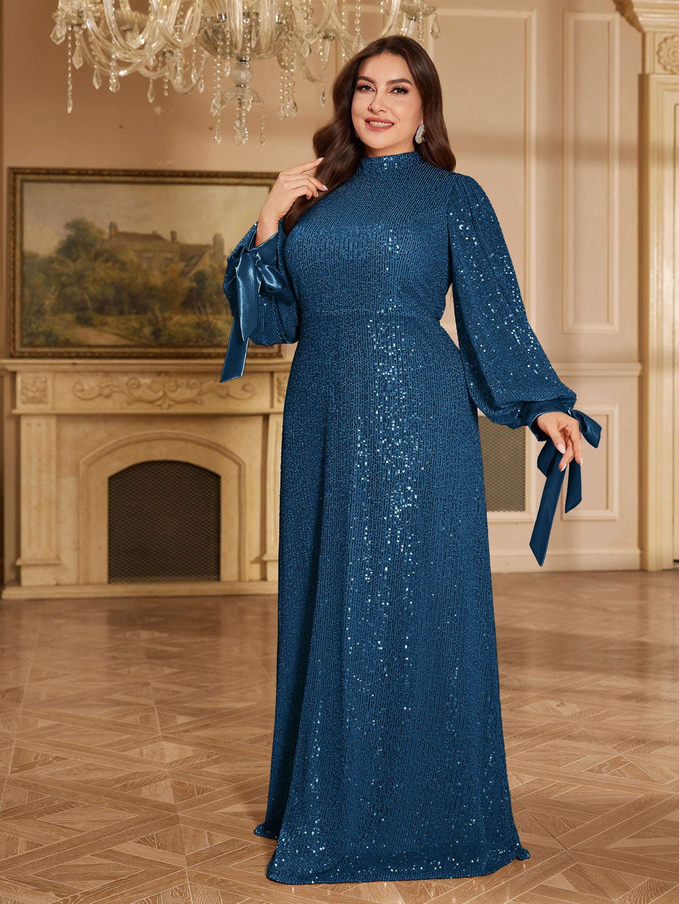 Champagne Bronze Floral Sequin Asymmetric Sleeve Mermaid Evening Gown