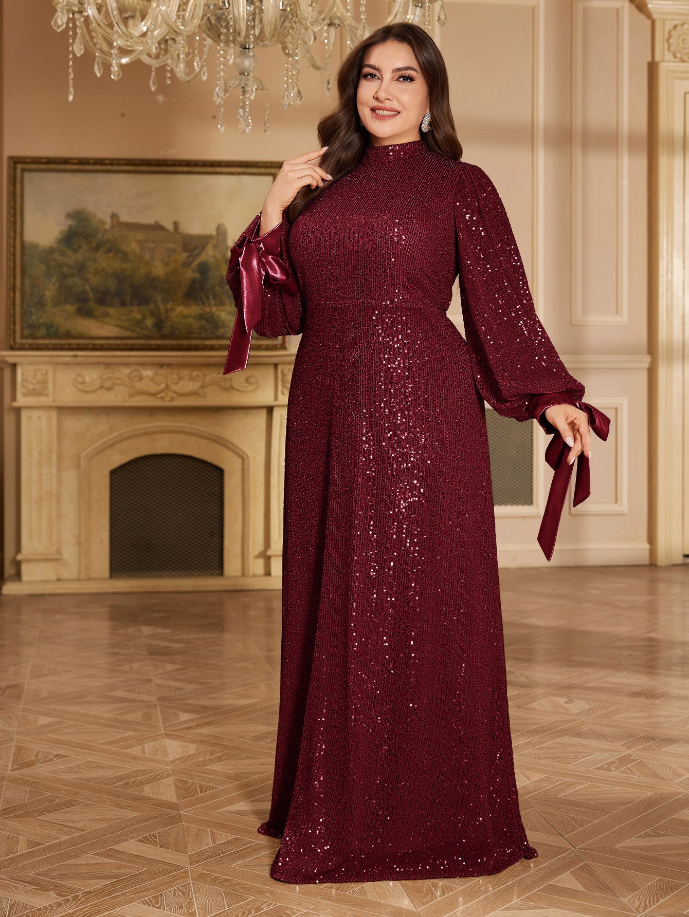 Champagne Bronze Floral Sequin Asymmetric Sleeve Mermaid Evening Gown