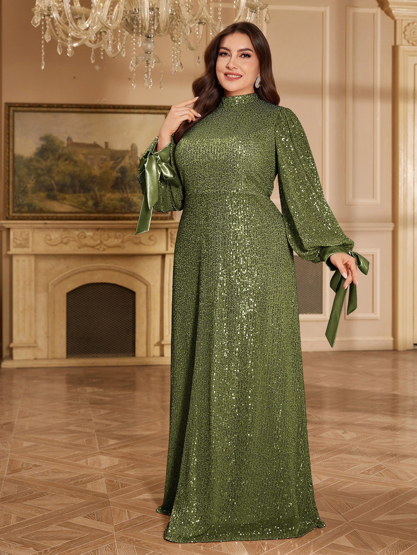 Champagne Bronze Floral Sequin Asymmetric Sleeve Mermaid Evening Gown