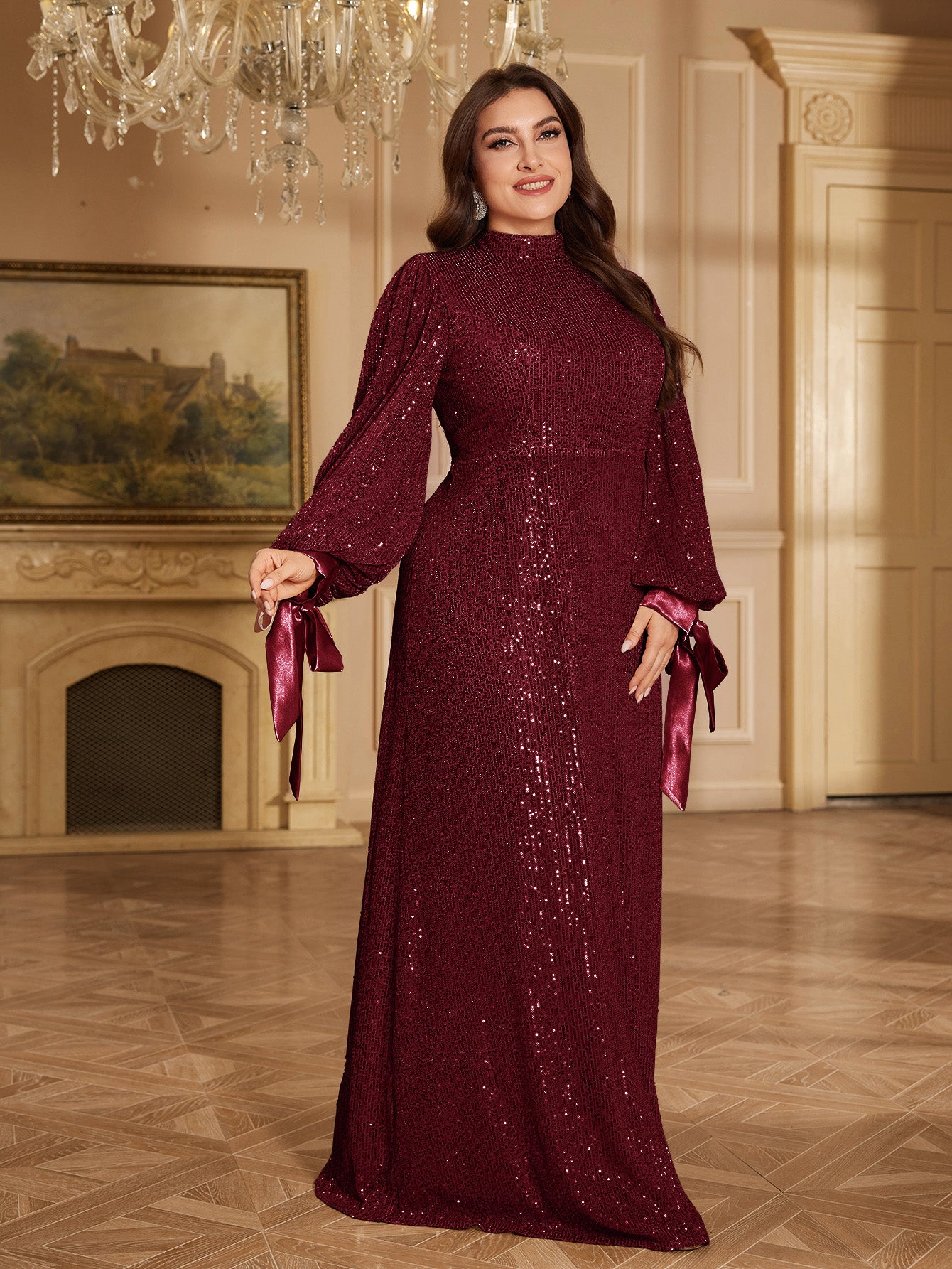 Champagne Bronze Floral Sequin Asymmetric Sleeve Mermaid Evening Gown
