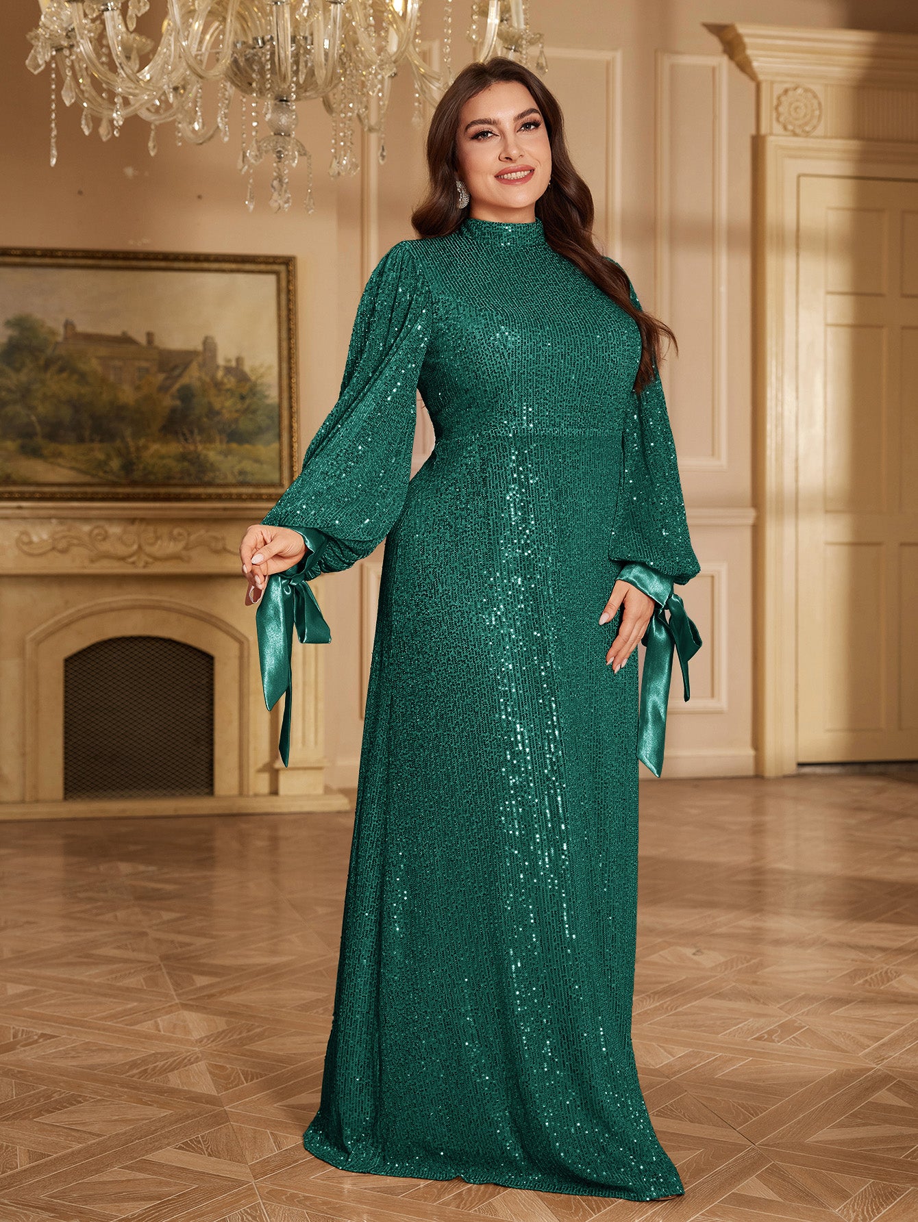 Champagne Bronze Floral Sequin Asymmetric Sleeve Mermaid Evening Gown