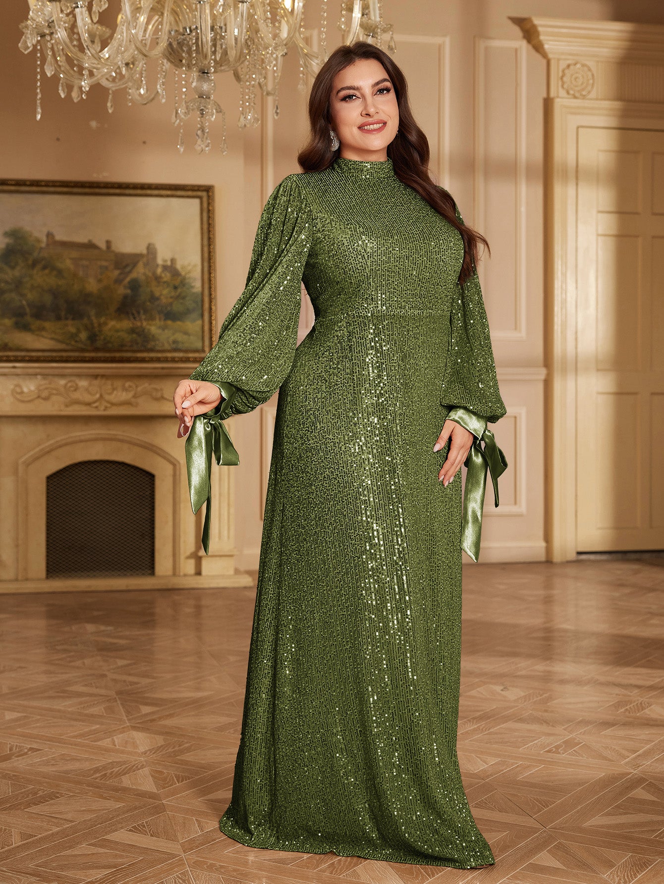 Champagne Bronze Floral Sequin Asymmetric Sleeve Mermaid Evening Gown