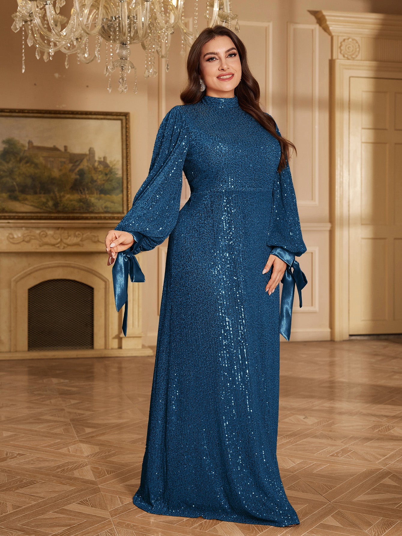 Champagne Bronze Floral Sequin Asymmetric Sleeve Mermaid Evening Gown