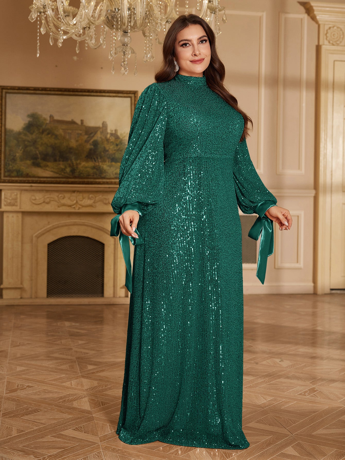 Champagne Bronze Floral Sequin Asymmetric Sleeve Mermaid Evening Gown