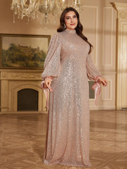 Champagne Sequin Bow Lantern Sleeve High Neck Maxi Evening Dress