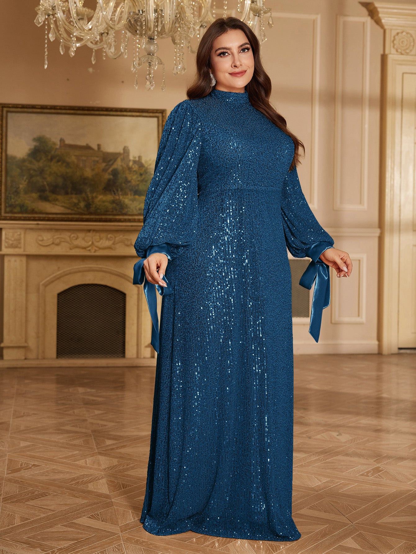 Champagne Bronze Floral Sequin Asymmetric Sleeve Mermaid Evening Gown