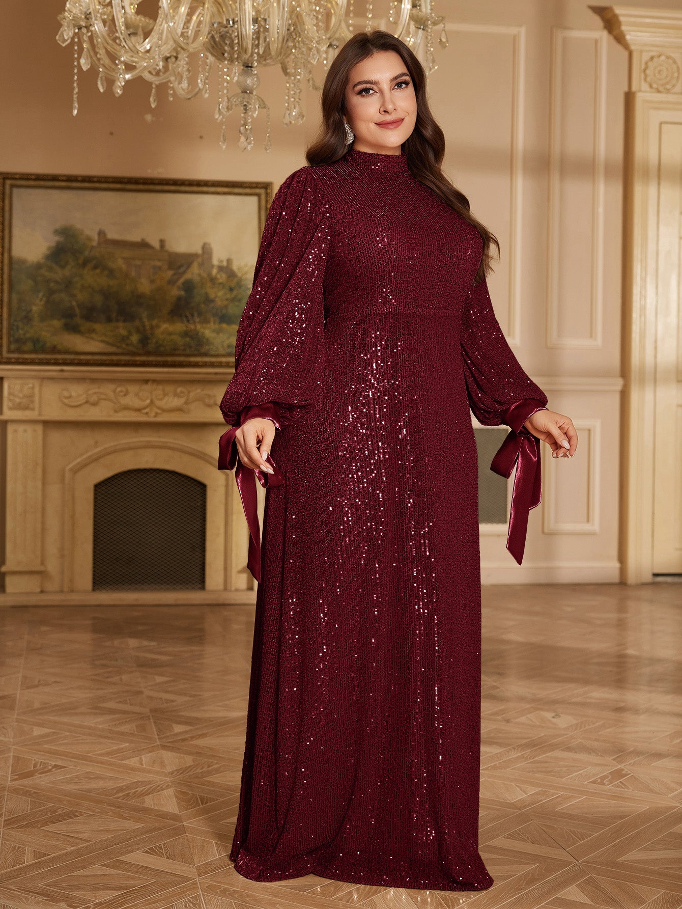 Champagne Bronze Floral Sequin Asymmetric Sleeve Mermaid Evening Gown