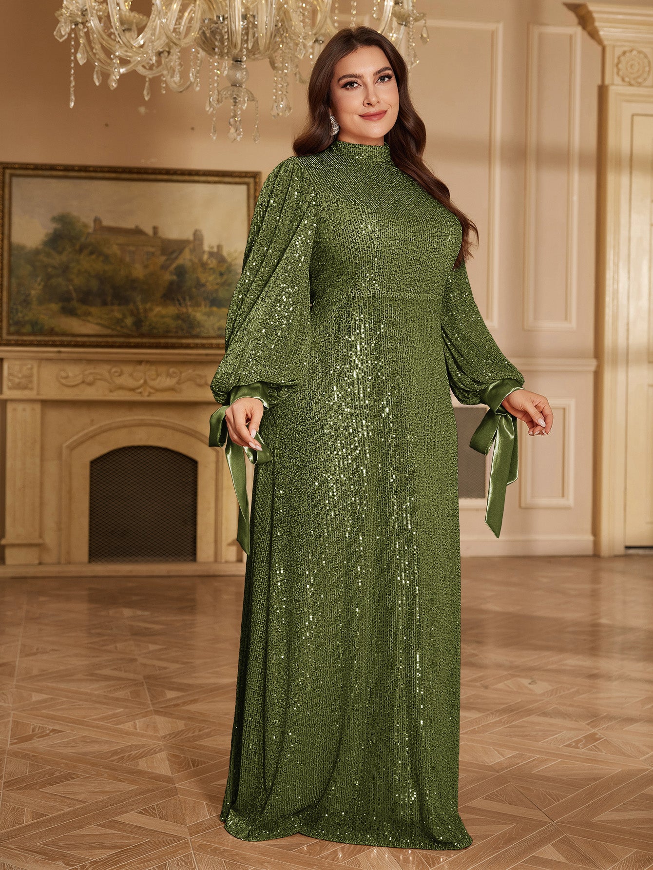 Champagne Bronze Floral Sequin Asymmetric Sleeve Mermaid Evening Gown