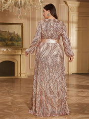 Rose Gold Geometric Sequin Round Neck Lantern Sleeve A Line Evening Gown