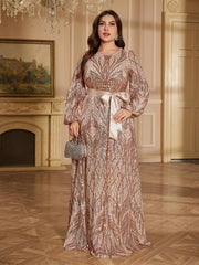 Rose Gold Geometric Sequin Round Neck Lantern Sleeve A Line Evening Gown