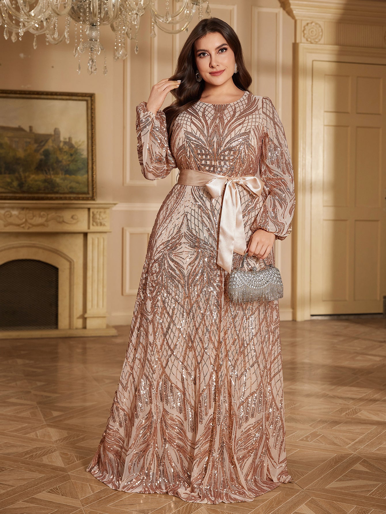 Rose Gold Geometric Sequin Round Neck Lantern Sleeve A Line Evening Gown