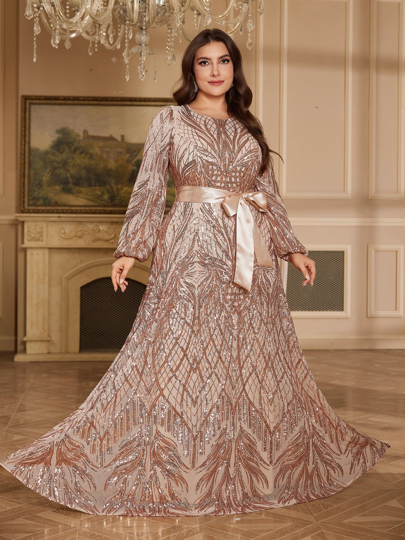 Rose Gold Geometric Sequin Round Neck Lantern Sleeve A Line Evening Gown
