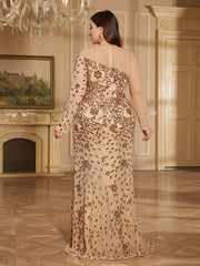 Champagne Bronze Floral Sequin Asymmetric Sleeve Mermaid Evening Gown