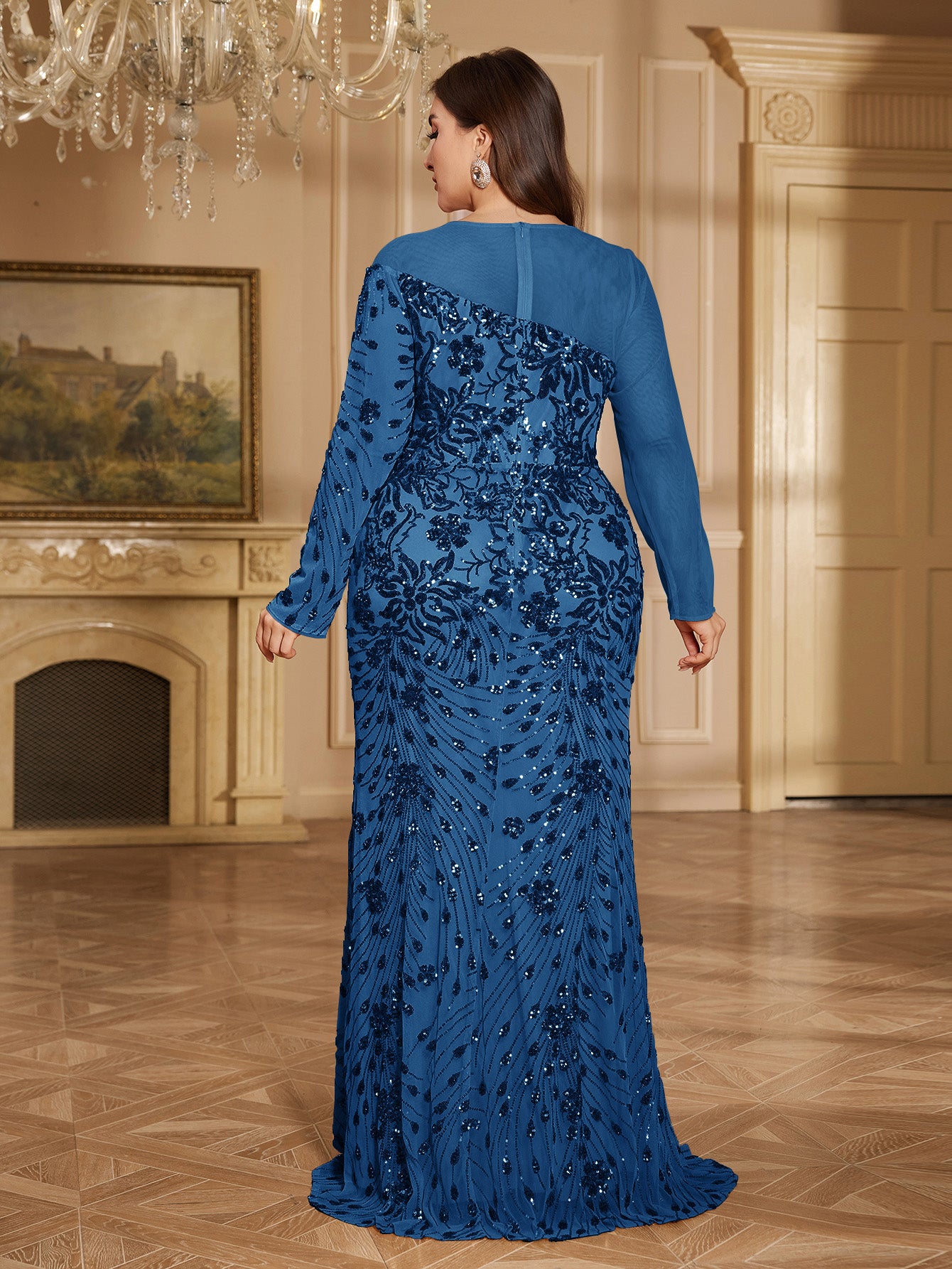 Champagne Bronze Floral Sequin Asymmetric Sleeve Mermaid Evening Gown