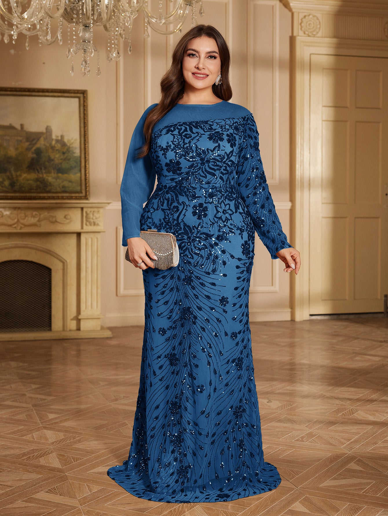 Champagne Bronze Floral Sequin Asymmetric Sleeve Mermaid Evening Gown