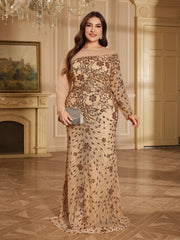 Champagne Bronze Floral Sequin Asymmetric Sleeve Mermaid Evening Gown