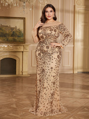Champagne Bronze Floral Sequin Asymmetric Sleeve Mermaid Evening Gown