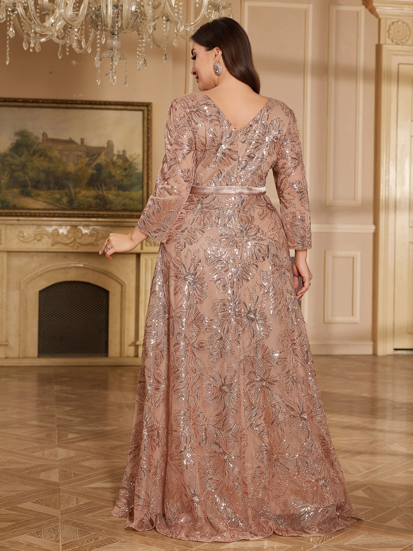 Rose Gold Floral Sequin Bateau Neck 3/4 Sleeve A Line Evening Gown