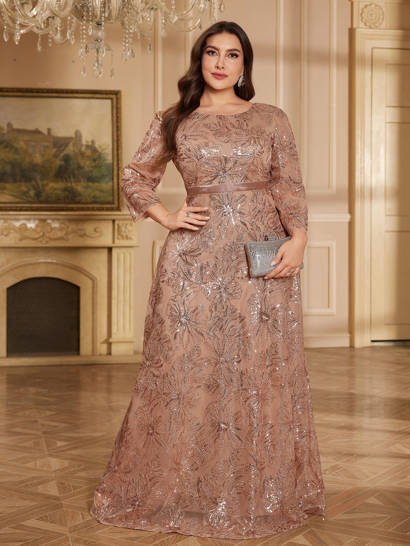 Rose Gold Floral Sequin Bateau Neck 3/4 Sleeve A Line Evening Gown