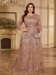 Rose Gold Floral Sequin Bateau Neck 3/4 Sleeve A Line Evening Gown