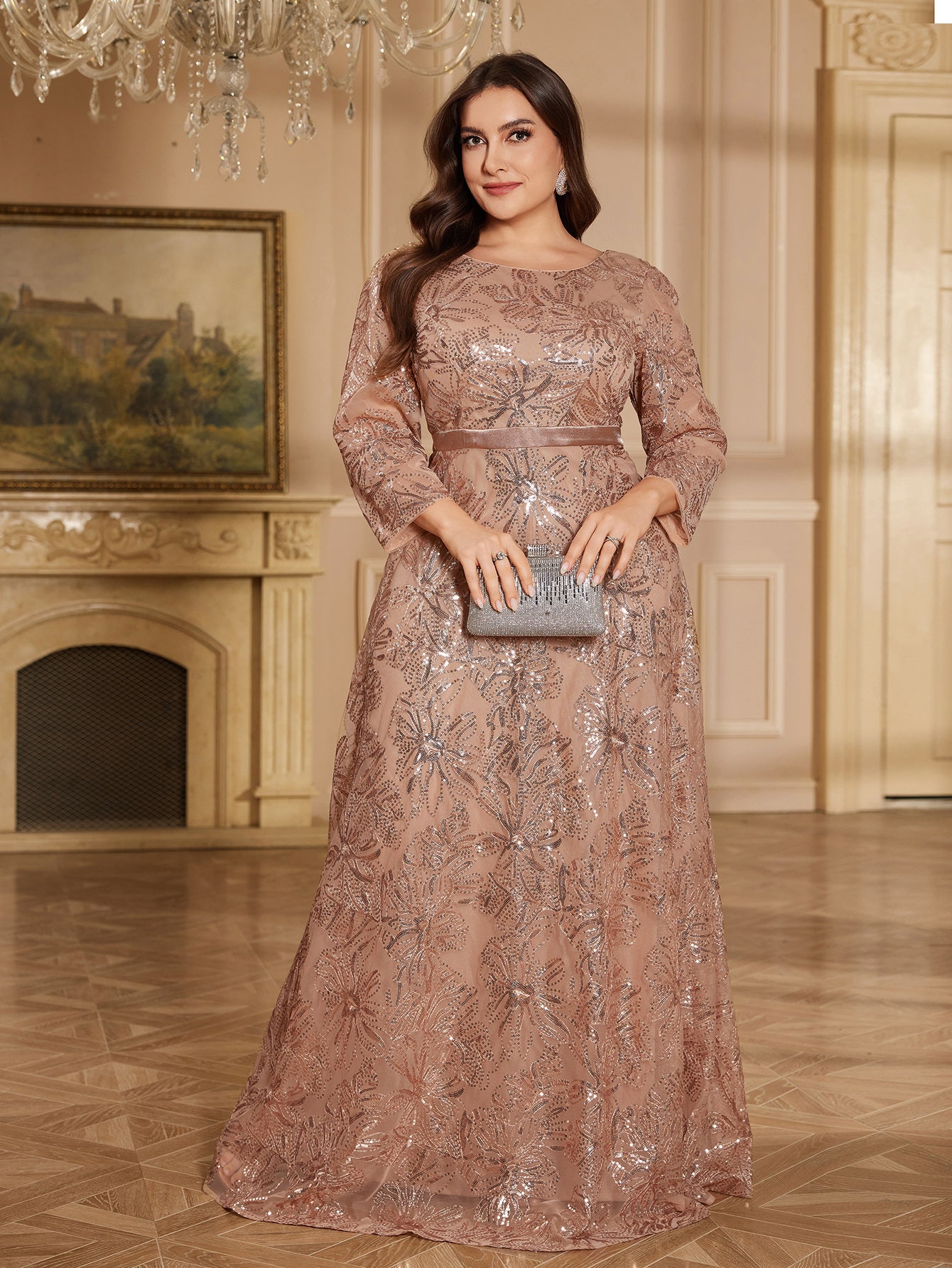 Rose Gold Floral Sequin Bateau Neck 3/4 Sleeve A Line Evening Gown