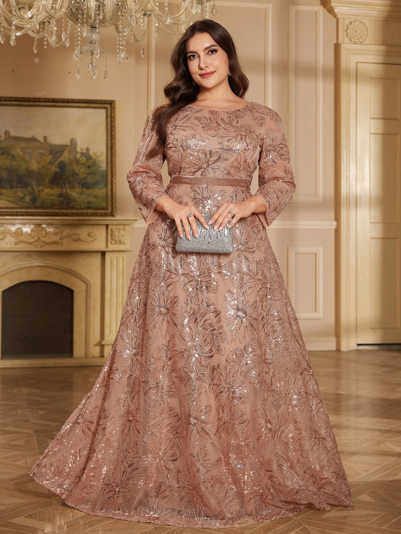 Rose Gold Floral Sequin Bateau Neck 3/4 Sleeve A Line Evening Gown