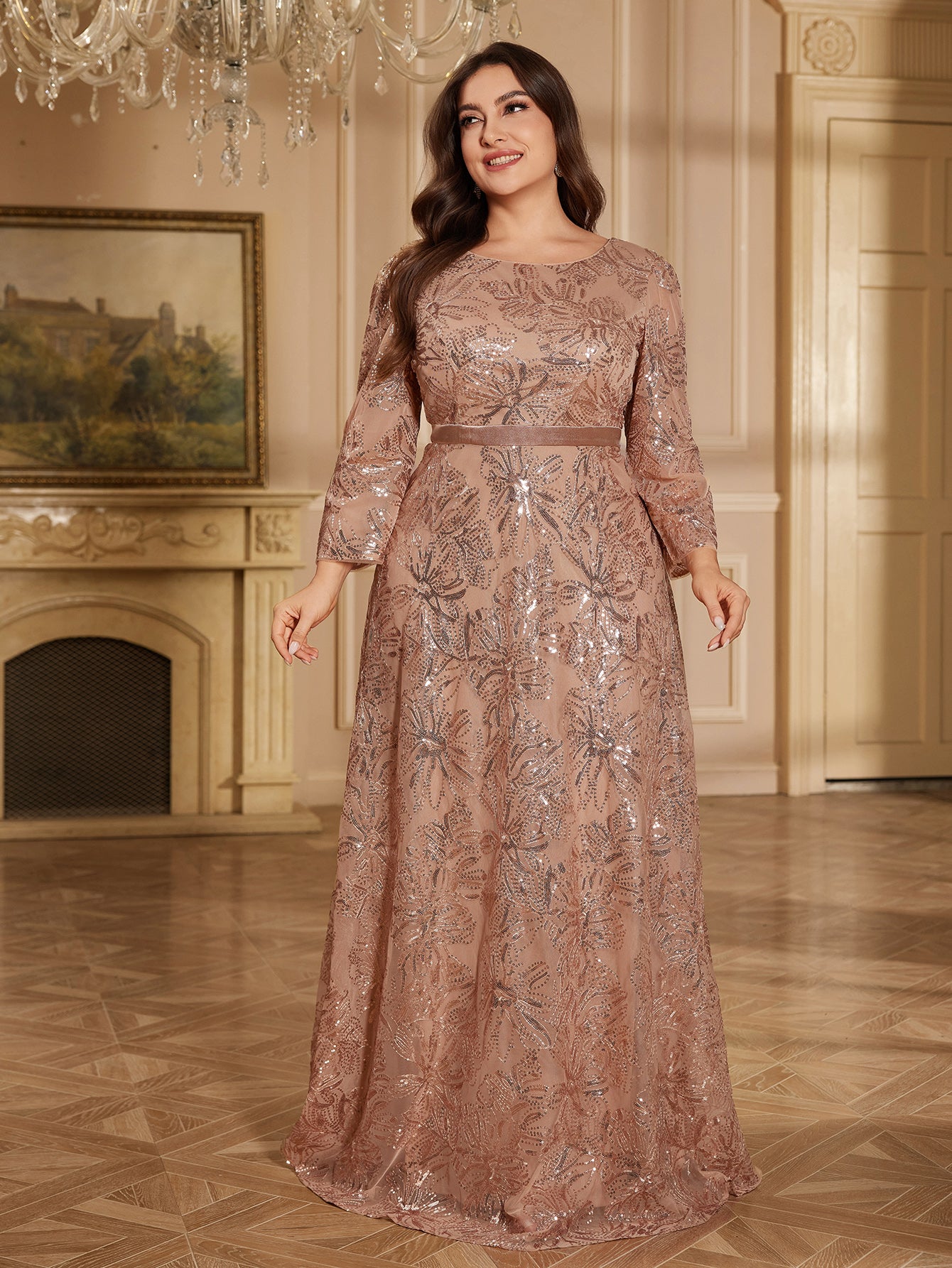 Rose Gold Floral Sequin Bateau Neck 3/4 Sleeve A Line Evening Gown