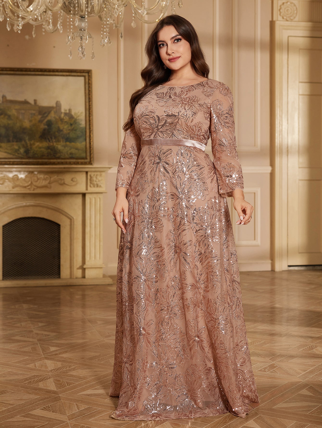Rose Gold Floral Sequin Bateau Neck 3/4 Sleeve A Line Evening Gown