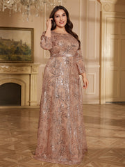 Rose Gold Floral Sequin Bateau Neck 3/4 Sleeve A Line Evening Gown