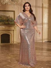 Rose Gold Sequin Wrap V Batwing Sleeve Mermaid Evening Gown