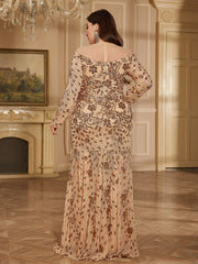 Champagne Bronze Floral Sequin Off Shoulder Long Sleeve Mermaid Gown