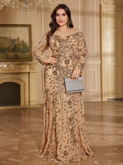 Champagne Bronze Floral Sequin Off Shoulder Long Sleeve Mermaid Gown