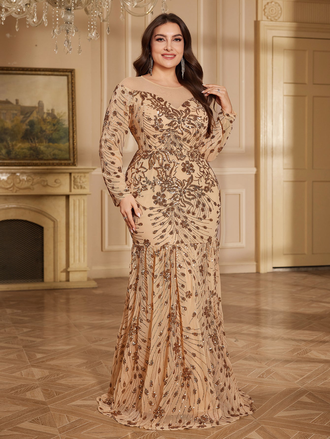 Champagne Bronze Floral Sequin Off Shoulder Long Sleeve Mermaid Gown