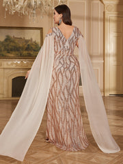 Rose Gold Sequin Cold Shoulder Cape Sleeve Mermaid Evening Gown