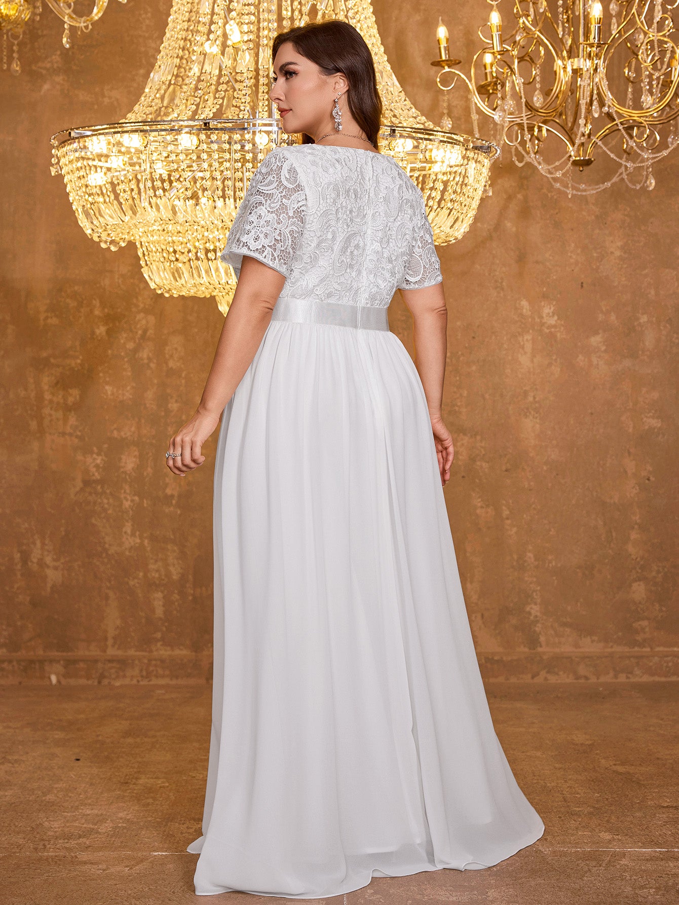 V-neck Elegant Mesh Patchwork Embroidered Short Sleeved Long Dress