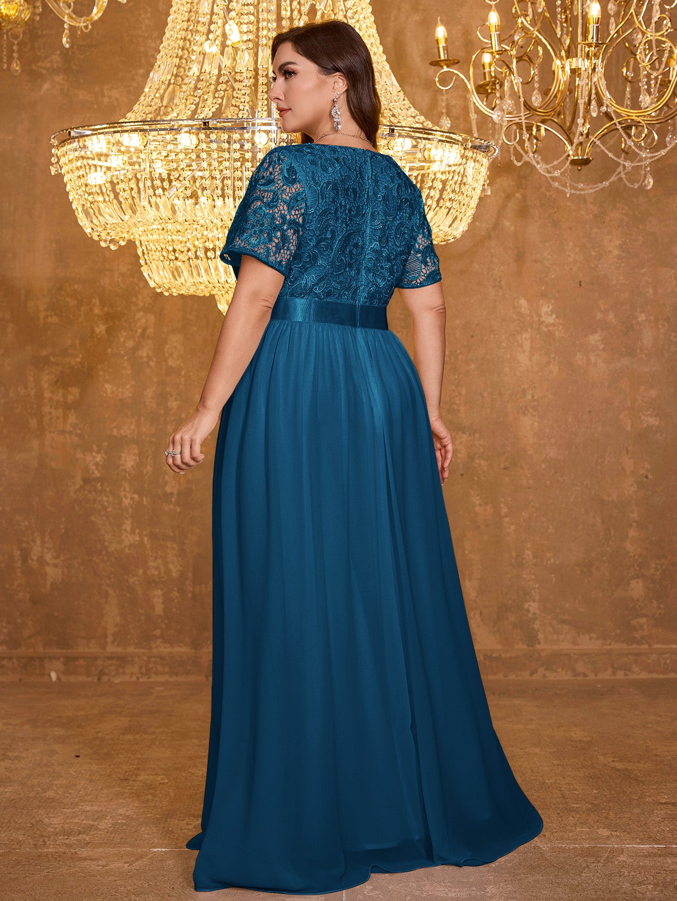V-neck Elegant Mesh Patchwork Embroidered Short Sleeved Long Dress